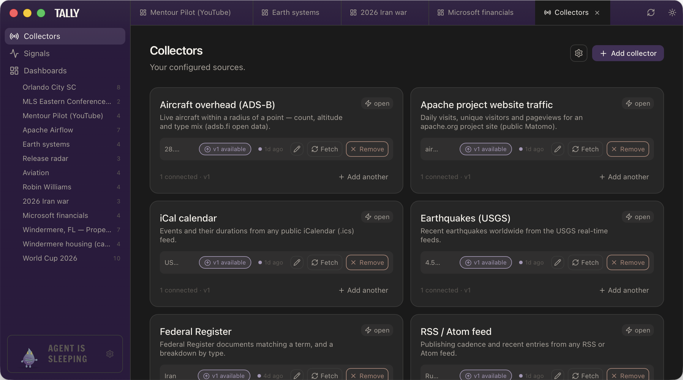 Tally's Collectors view: cards for ADS-B aircraft overhead, Apache project website traffic, iCal calendar, USGS earthquakes, the Federal Register and RSS feeds, each with a fetch control and its connected version.